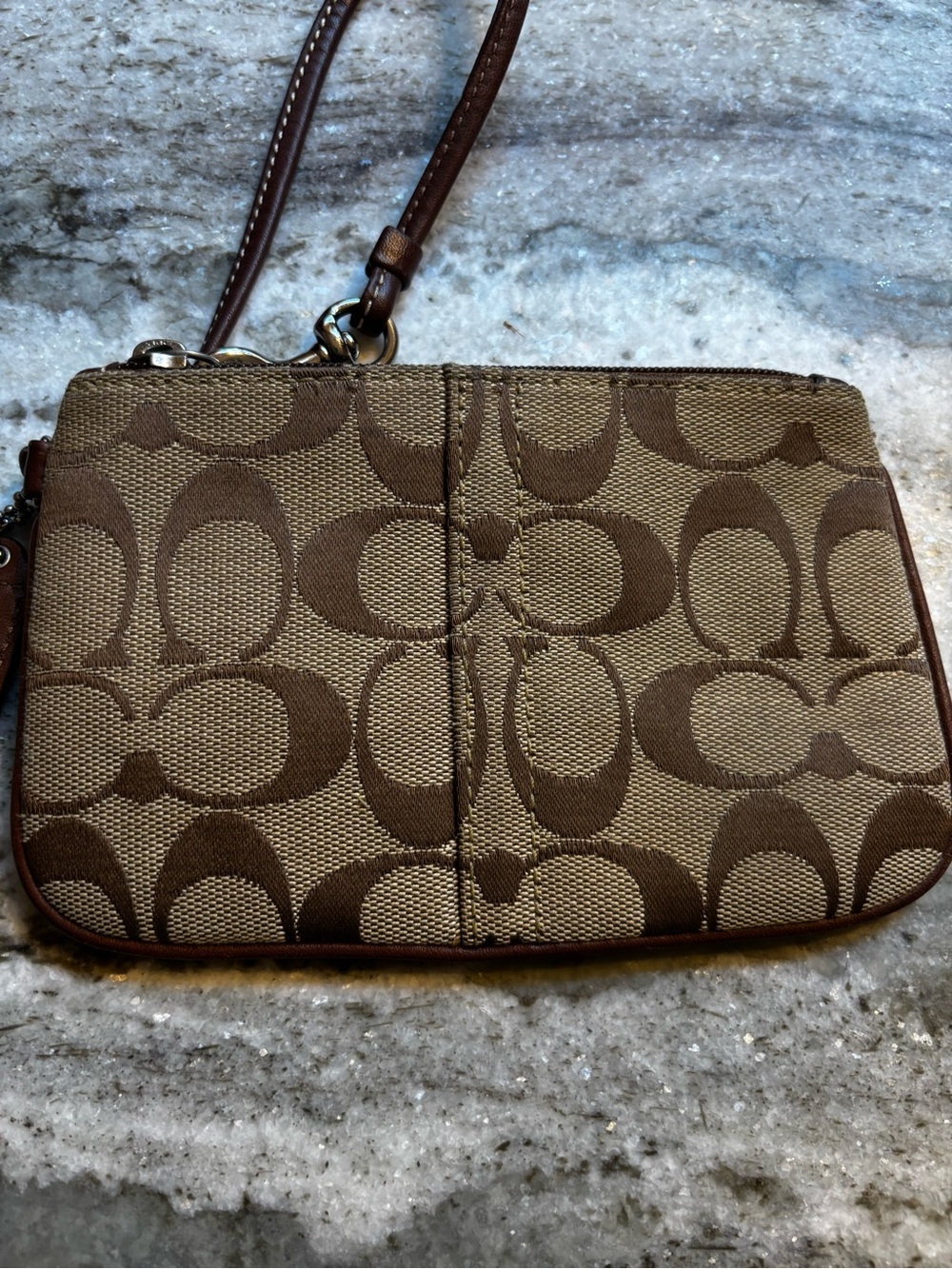 Coach Brown Tan Jacquard Signature Canvas Wristlet with Leather Trim - Picture 3 of 7